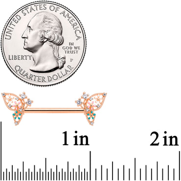 14G 9/16 Clear CZ Gem Rose Gold Hue Butterfly Nipple Ring Set