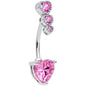 Pink CZ Gem Triple Heart Drop Heart Valentines Day Belly Ring