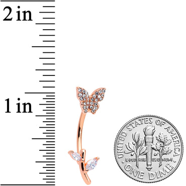 Clear CZ Gem Rose Gold Tone Butterfly Branch Top Mount Belly Ring