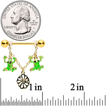 14G 5/8 Clear Gem Gold Tone Frog Flower Dangle Nipple Ring Set