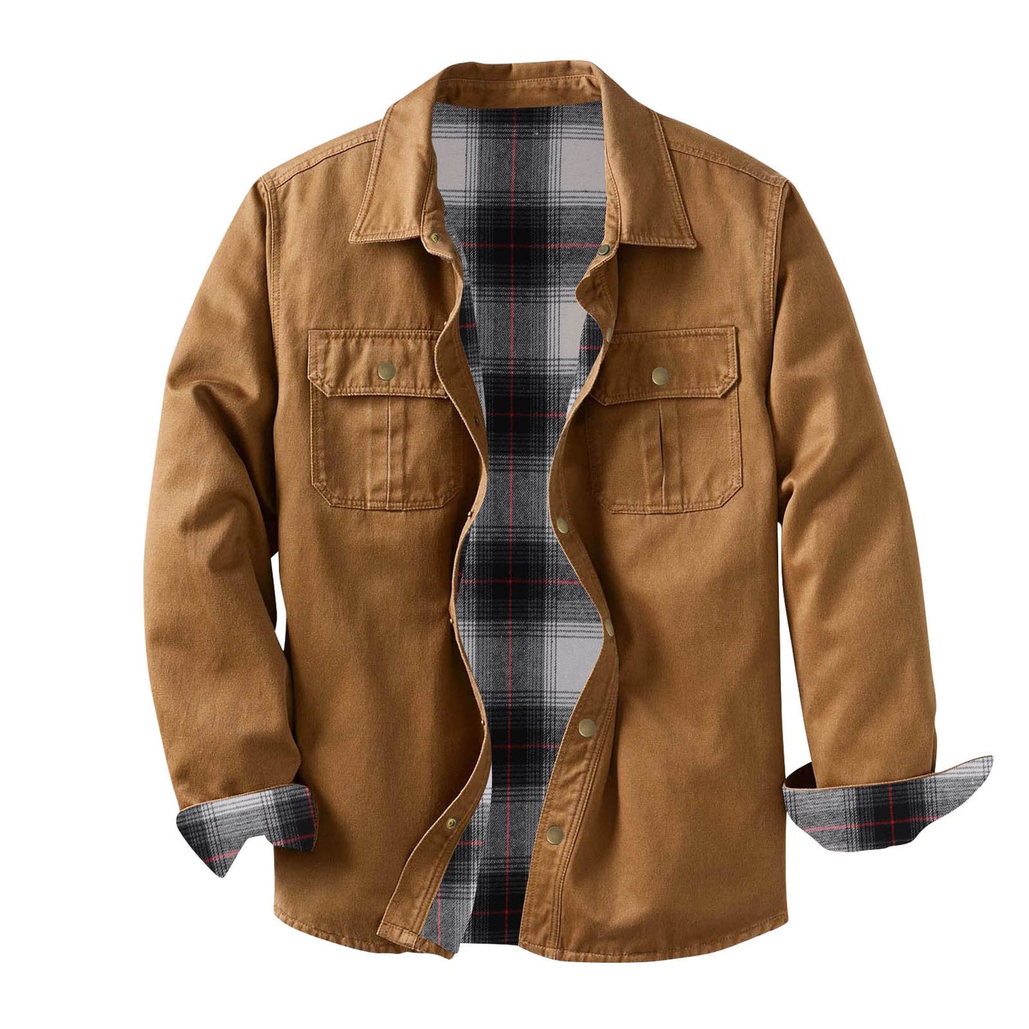 Washed Canvas Work Jacket With A Plaid Lining, Durable And Warm