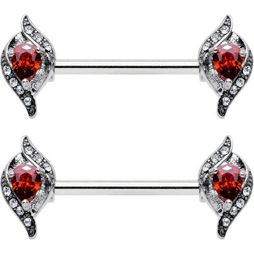 14G 9/16 Clear Red Gem Swirling Oval Barbell Nipple Ring Set