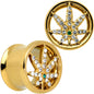 Green Gem Gold Tone Pot Leaf Double Flare Tunnel Plug Set
