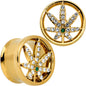 Green Gem Gold Tone Pot Leaf Double Flare Tunnel Plug Set