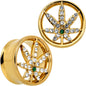 Green Gem Gold Tone Pot Leaf Double Flare Tunnel Plug Set