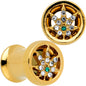 Green Gem Gold Tone Pot Leaf Double Flare Tunnel Plug Set
