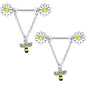 14G 9/16 Clear Gem Daisy Bee Chain Dangle Barbell Nipple Ring Set