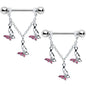 14G 9/16 Pink Gem Open Butterfly Chain Dangle Nipple Ring Set