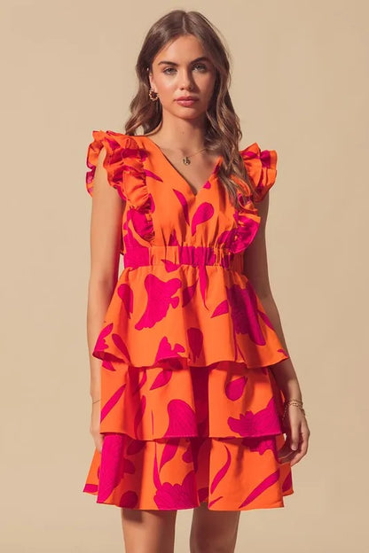 SO ME Floral V Neck Layered Dress with Elasticized Waist