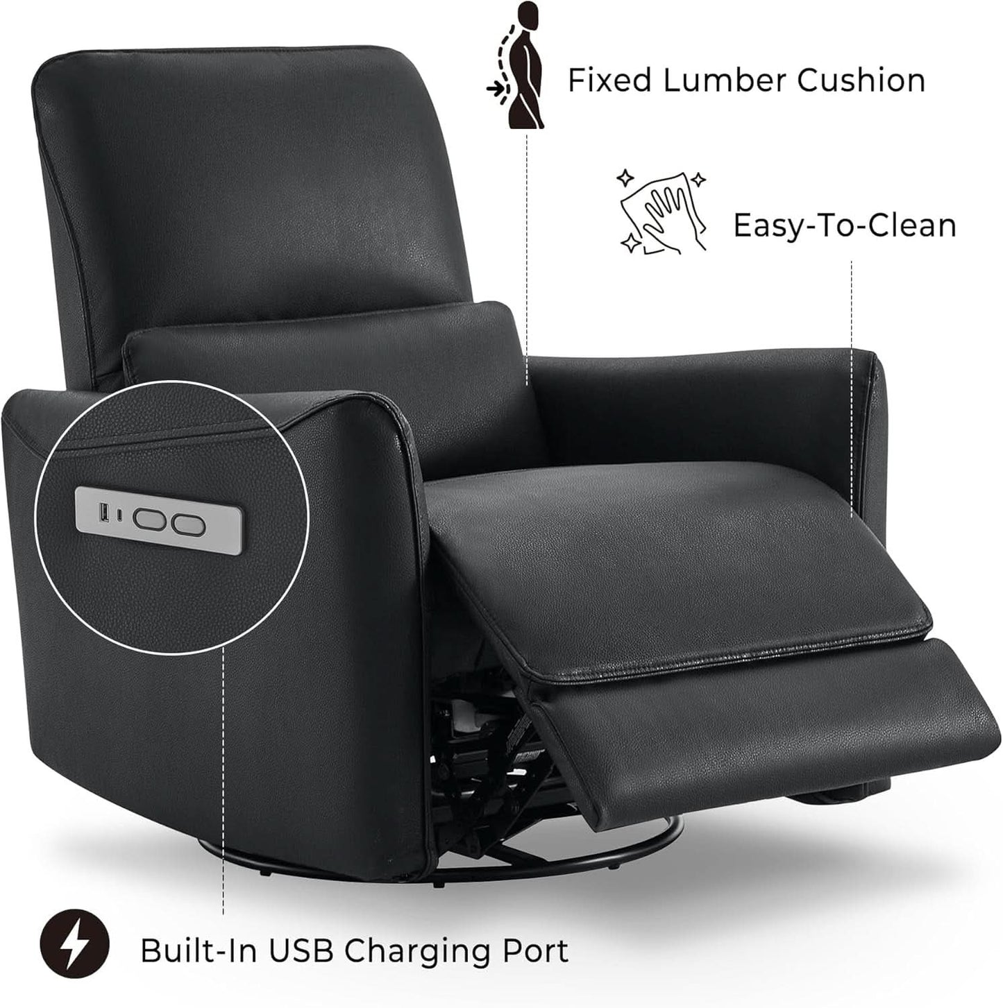 Power Recliner Chair USB Charging Lumbar Support Black