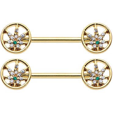 14G 9/16 Clear Green Gem Gold Hue Pot Leaf Circle Nipple Ring Set