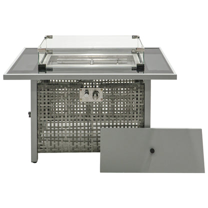 43 in Propane Gas Fire Pit Table 60,000 BTU Rectangular Open Weave Wicker, Grey