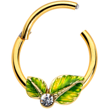 16G 3/8 Clear Gem Gold Tone Lush Green Leaves Hinged Segment Ring