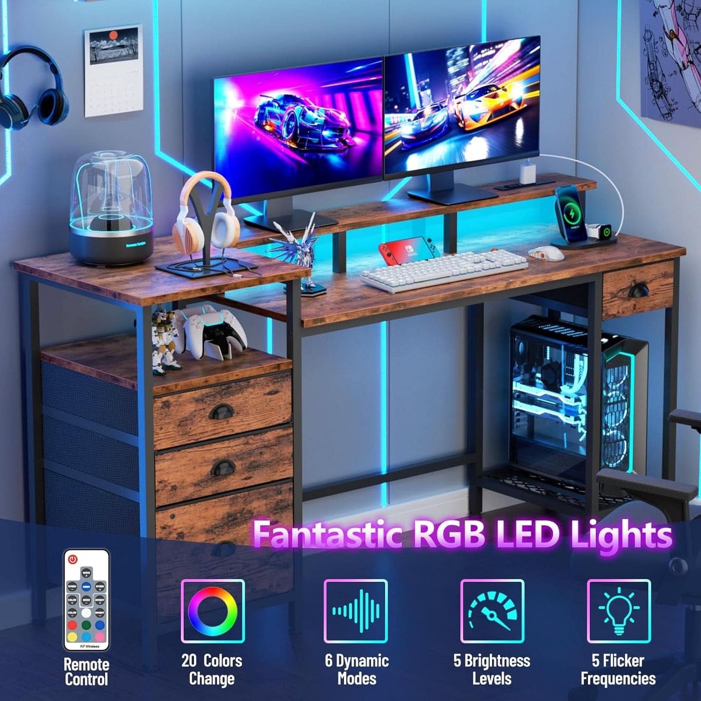 60 Inch Computer Desk With Storage Drawers And LED Lights