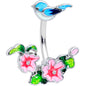 Clear Gem Blue Bird Pink Flowers Double Mount Belly Ring
