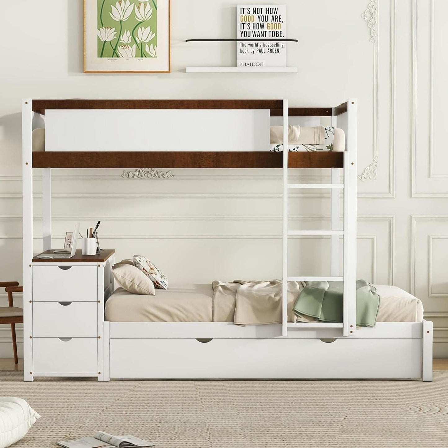Twin Over Twin Bunk Bed With Desk USB Ports White Walnut