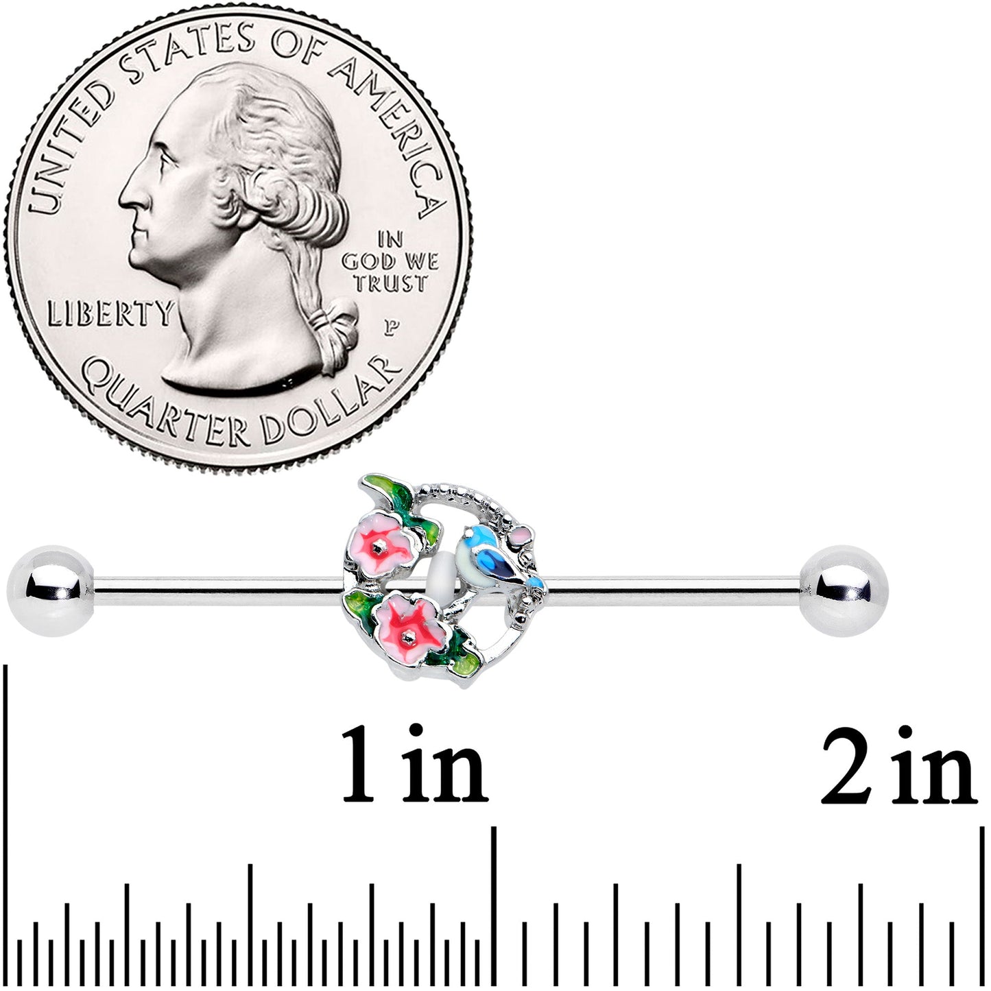 14G Little Blue Bird Pink Flowers Industrial Barbell 38mm