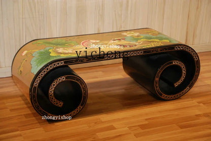 Decorative bench with intricate design on a wooden floor