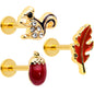 16G 5/16 Clear Gem Gold Tone Squirrel Leaf Labret Tragus Set of 3