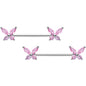 14G 3/4 Pink CZ Gem Butterflies Barbell Nipple Ring Set