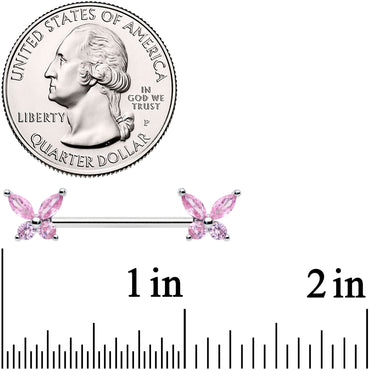 14G 3/4 Pink CZ Gem Butterflies Barbell Nipple Ring Set