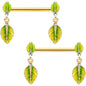 14G 5/8 Clear Gem Gold Tone Lush Leaves Dangle Nipple Ring Set
