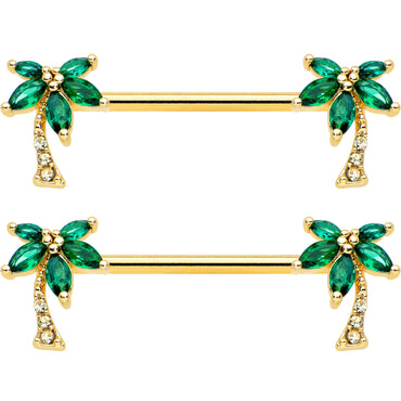 14G 9/16 Clear Green Gem Gold Tone Palm Tree Nipple Ring Set