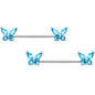 14G 3/4 Blue CZ Gem Butterflies Barbell Nipple Ring Set