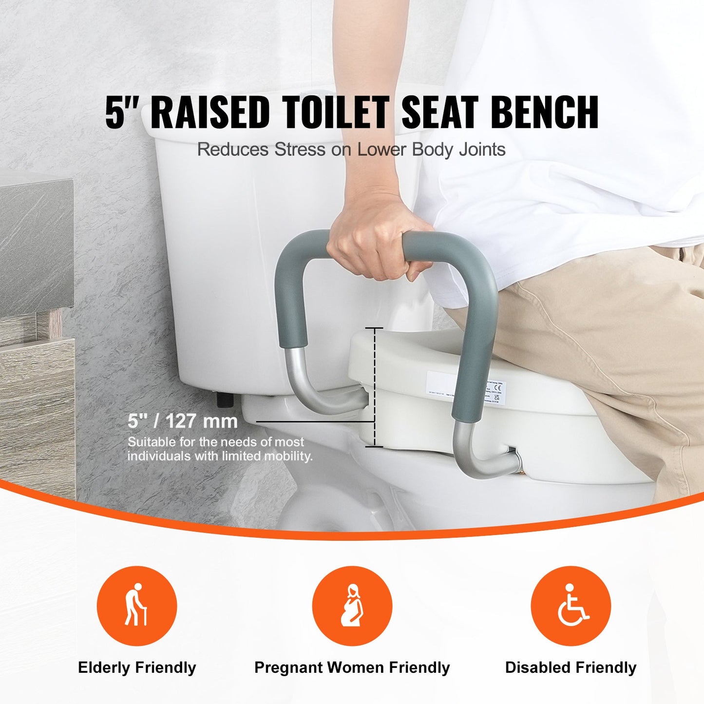 Raised Toilet Seat 5 In Height Padded Armrests Adjustable Twist Lock 350 LB