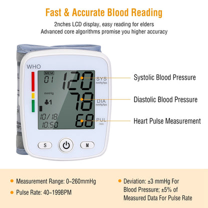 Blood Pressure Monitor Wrist Digital High Blood Pressure Cuff Heartbeat Tester w/ 90x2 Reading Memory 2In LCD Screen Storage Box