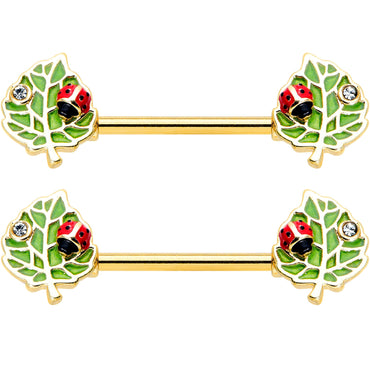 14G 9/16 Clear Gem Gold Hue Leafy Ladybug Barbell Nipple Ring Set