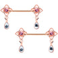14G 9/16 Purple Grey Gem Rose Gold Tone Dangle Nipple Ring Set