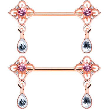 14G 9/16 Purple Grey Gem Rose Gold Tone Dangle Nipple Ring Set