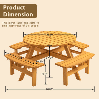 Outdoor Picnic Table Round Fir Wood 8-Person 43 In Umbrella Hole