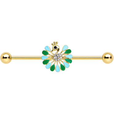 14G Clear Black Gold Tone Pretty Peacock Industrial Barbell 38mm