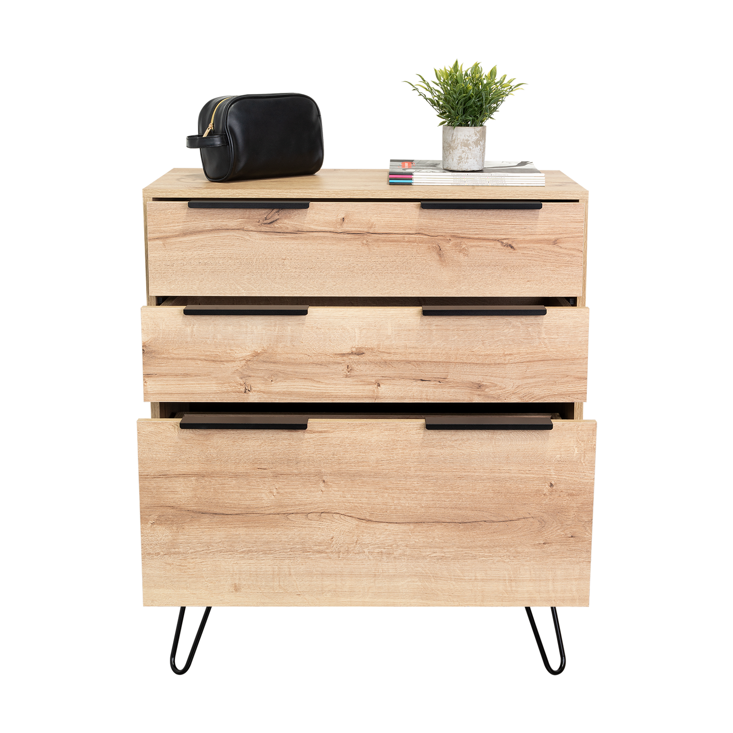 Dresser Modern Set of 2 3-Drawer Beige Particle Board Metal Legs 30.1x35.5 In