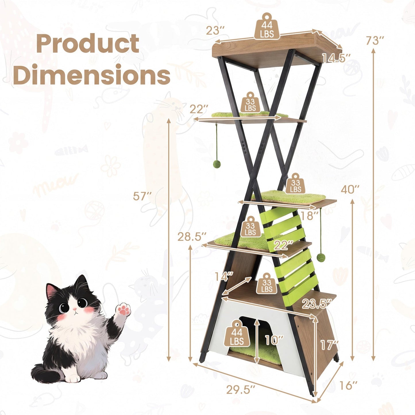 73 Inch Multi-level Cat Tree for Indoor Cats with Elevated Perch and Large Condo