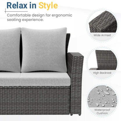 Outdoor Sofa PE Rattan 3 Seat Gray Cushions Black Iron Frame 68in