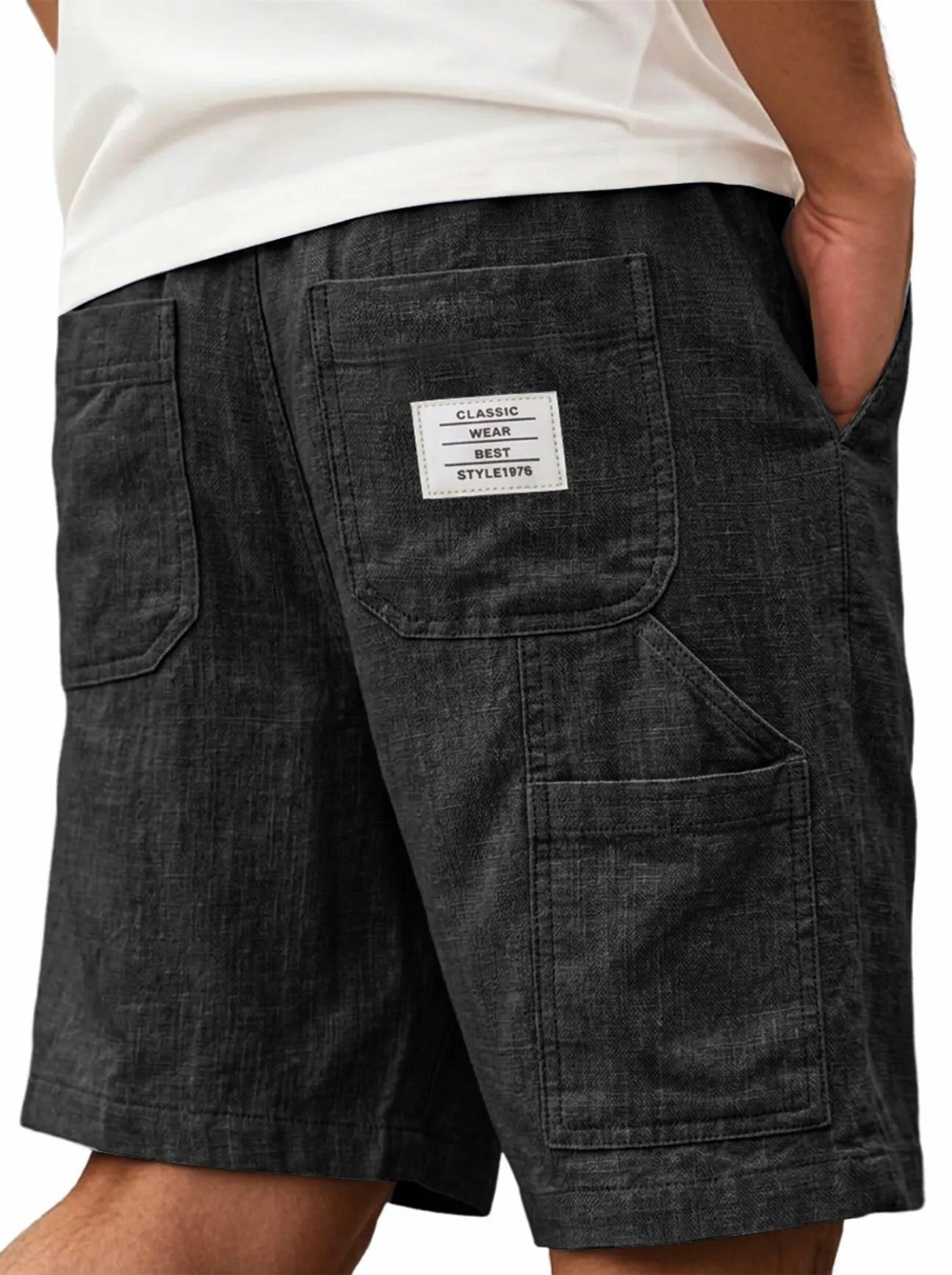 Mens Solid-Color Bamboo-Texture Linen Multi-Pocket Shorts