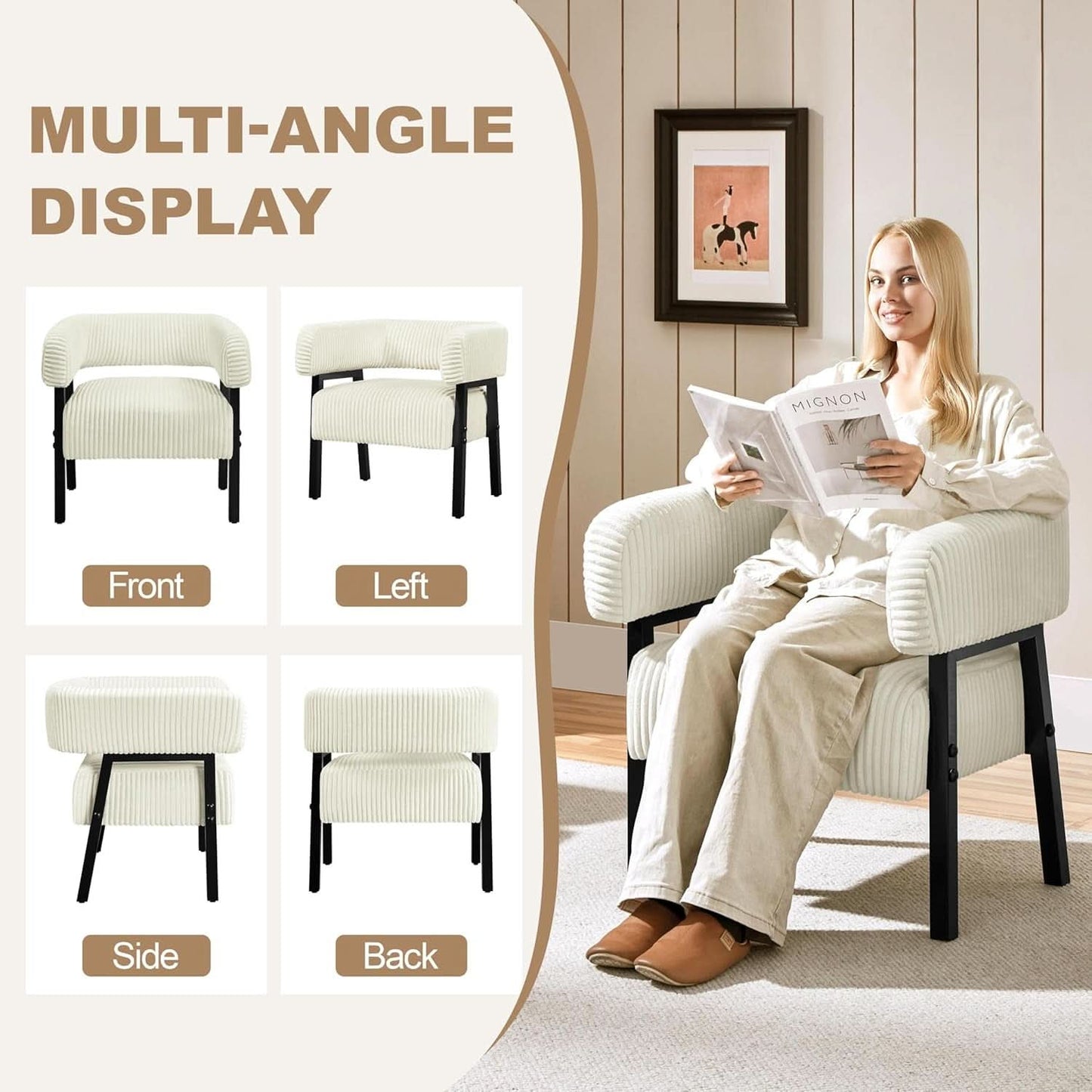 Beige Corduroy Barrel Chair With Pocket Coil Support