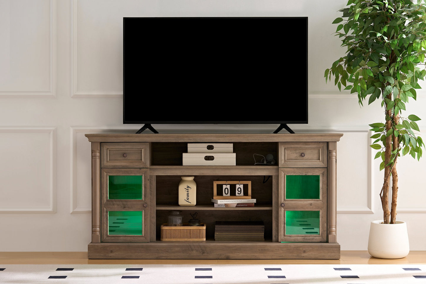 TV Stand Farmhouse Fireplace Gray MDF Roman Column LED Fits 80 In TV