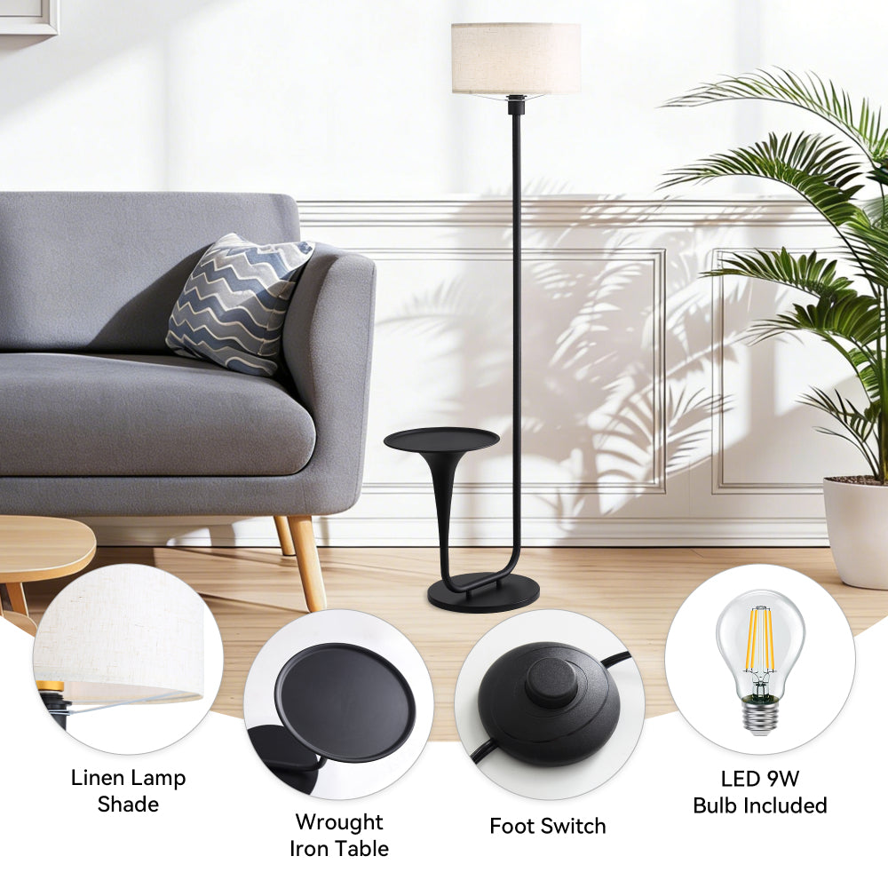 Dimmable Floor Lamp with Side Table | 57.5" Vintage Standing Light, Foot Switch & Bulb Included