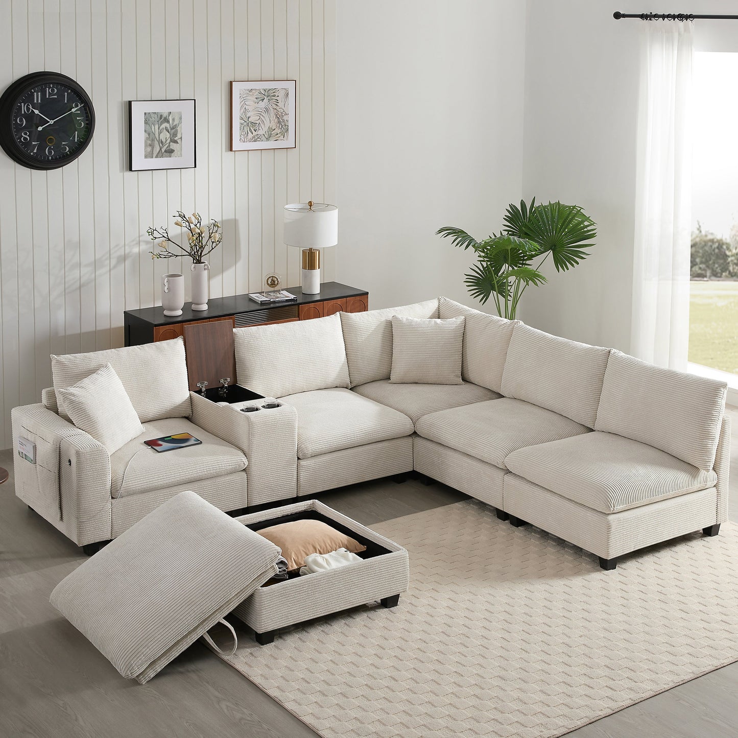 Sectional Sofa U-Shape Corduroy Beige 6 Seat Storage Ottoman USB 140 In