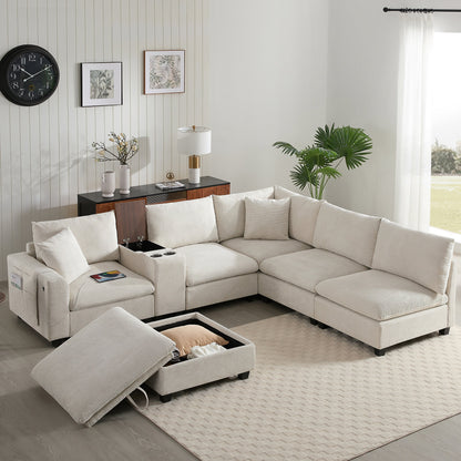 Sectional Sofa U-Shape Corduroy Beige 6 Seat Storage Ottoman USB 140 In
