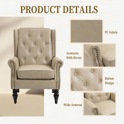 Accent Lounge Chair PU Leather Camel Rubber Wood Legs Sinuous Springs 250 LB