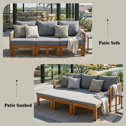 Chaise Lounge Acacia Wood Rope Natural Gray Cushion Convertible 3 Seat