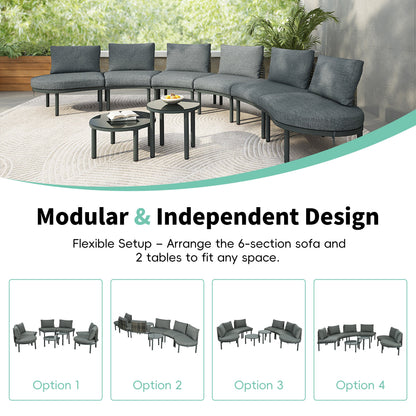 Outdoor Patio Set Half Moon Wicker Aluminum Gray 8 Piece 2 Tables
