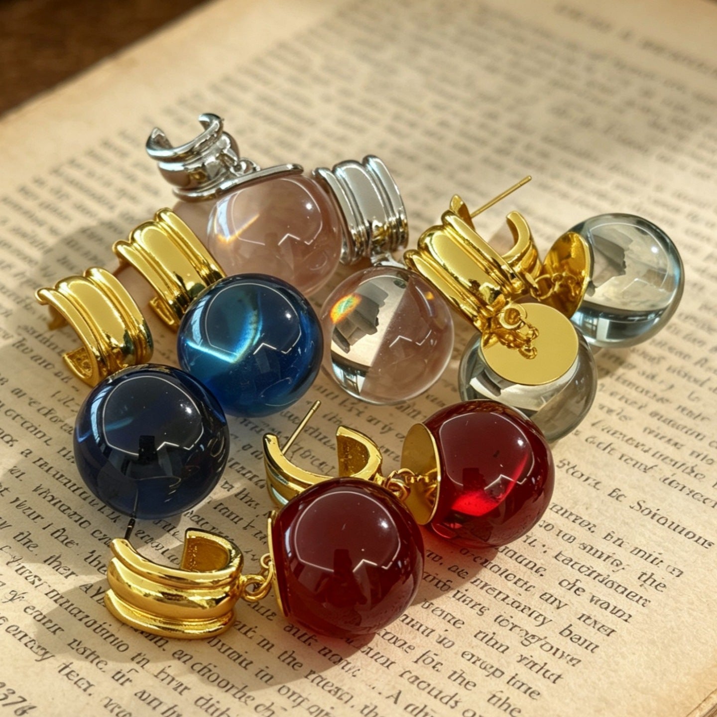 Monet Garden Colorful Crystal Ball C-Shaped Earrings French Style