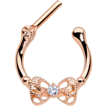16G 3/8 Clear CZ Gem Rose Gold Hue Openwork Bow Cartilage Clicker