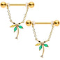 14G 9/16 Green Gem Gold Hue Palm Tree Chain Dangle Nipple Ring Set